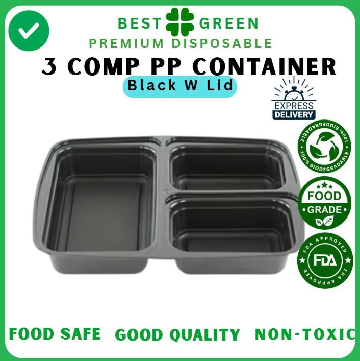 3 Compartment PP Container w Lid | Black | 1 Ctn