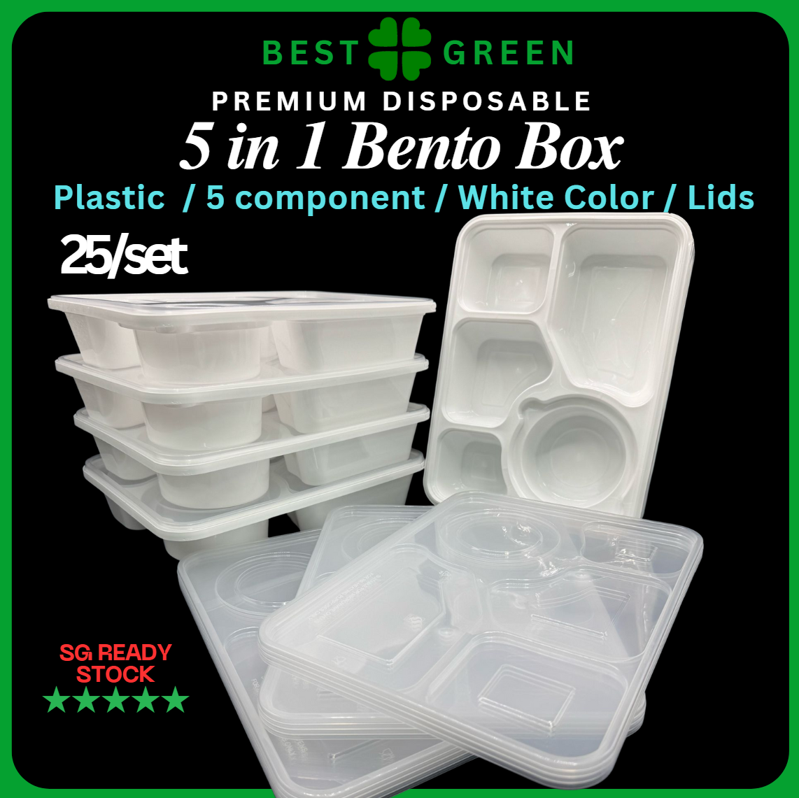 [ SG READY STOCK] 5 Components Bento Boxes With Lids / PP / White / Pl ...