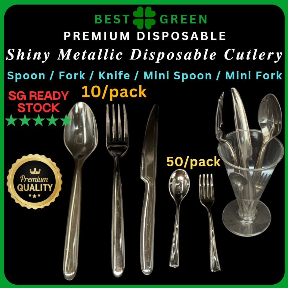 ✅SG READY STOCK - Shiny Metallic Plastic Disposable Cutlery Spoon Fork Knife Partyware [10Pcs/50Pcs]