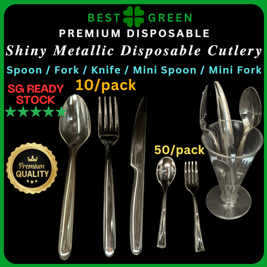 ✅SG READY STOCK - Shiny Metallic Plastic Disposable Cutlery Spoon Fork Knife Partyware [10Pcs/50Pcs]