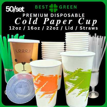 ✅SG READY STOCK [50pcs/pkt] 12oz/ 16oz / 22oz Cold Paper Cup / Lids / Green and Clear Straw