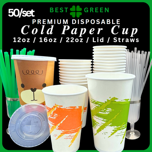 ✅SG READY STOCK [50pcs/pkt] 12oz/ 16oz / 22oz Cold Paper Cup / Lids / Green and Clear Straw