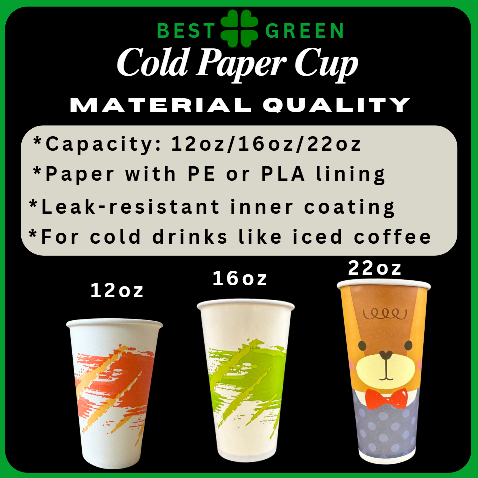 ✅SG READY STOCK [50pcs/pkt] 12oz/ 16oz / 22oz Cold Paper Cup / Lids / Green and Clear Straw