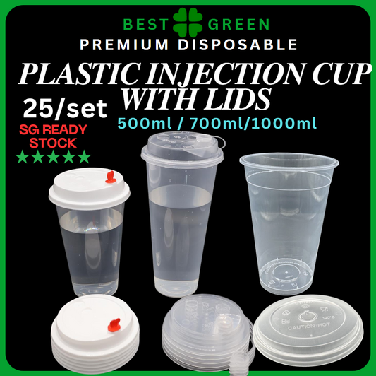 ✅SG READY STOCK [500ml/700ml/1000ml] Plastic Disposable PP Injection Cups Clear / White With Lids & Stopper