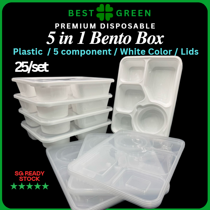 5-in-1 Bento Box – Premium Disposable Food Container (White)