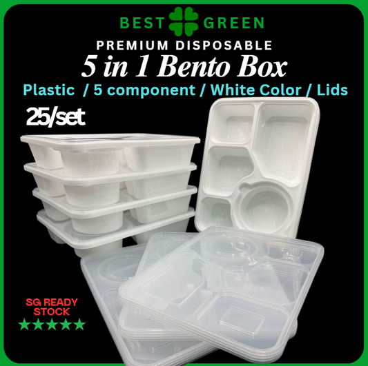 5-in-1 Bento Box – Premium Disposable Food Container (White)
