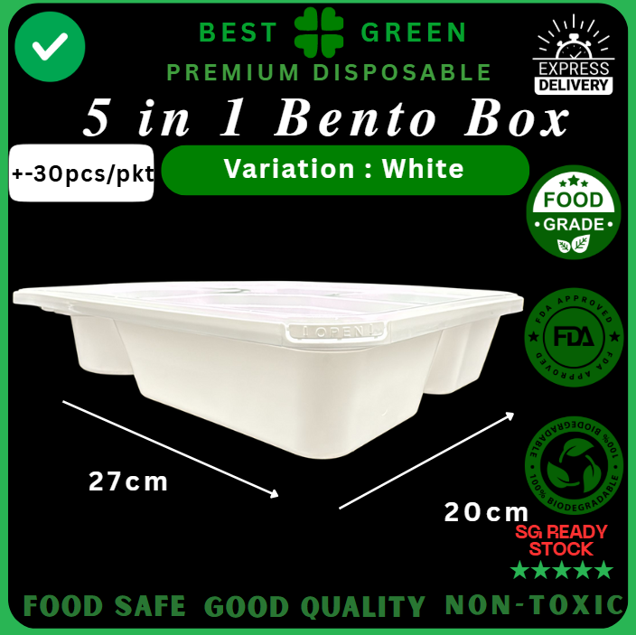 5-in-1 Bento Box – Premium Disposable Food Container (White)