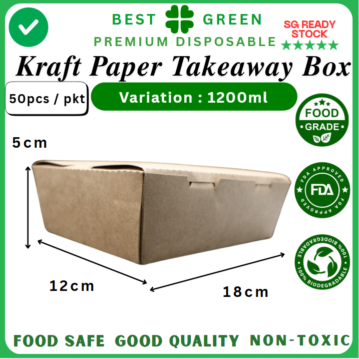 Disposable Kraft Paper Takeaway Box 1200ml | Medium Eco-Friendly Food ...