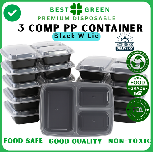 3 Compartment PP Container w Lid | Black | 1 Ctn