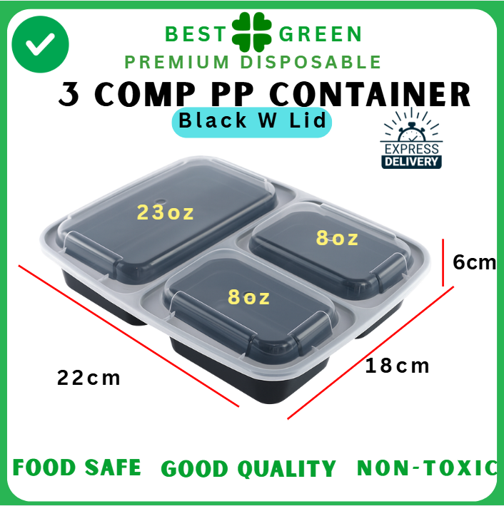 3 Compartment PP Container w Lid | Black | 1 Ctn