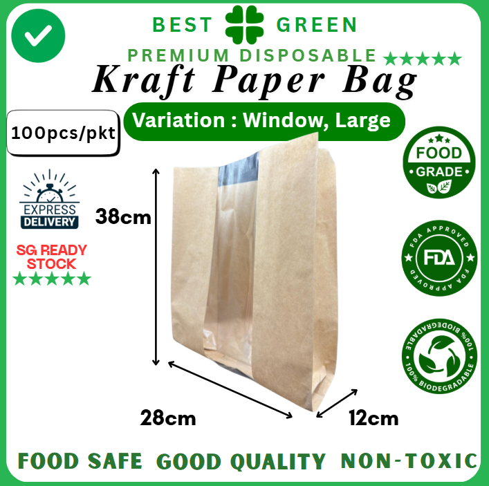 Disposable Kraft Paper Bag With Window | Large | 1 Ctn