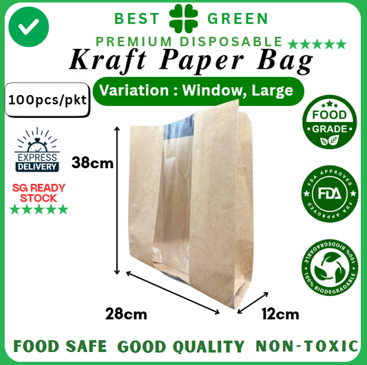 Disposable Kraft Paper Bag With Window | Large | 1 Ctn
