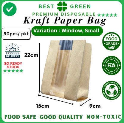 Disposable Kraft Paper Bag With Window | Small | 1 Ctn
