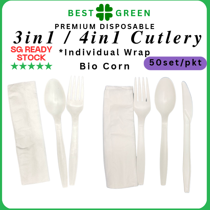 4in1 Disposable Cutlery Set Individual Wrap | Bio Spoon | Bio Fork | Bio Knife | Luncheon Napkin | 1 Ctn