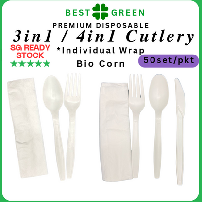 4in1 Disposable Cutlery Set Individual Wrap | Bio Spoon | Bio Fork | Bio Knife | Luncheon Napkin | 1 Ctn