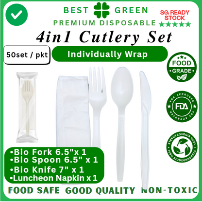 4in1 Disposable Cutlery Set Individual Wrap | Bio Spoon | Bio Fork | Bio Knife | Luncheon Napkin | 1 Ctn