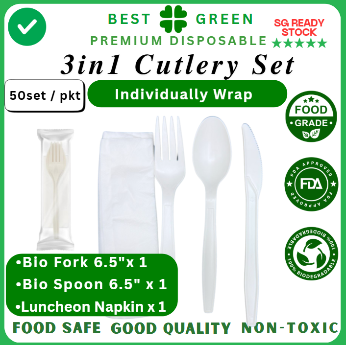 3in1 Disposable Cutlery Set Individual Wrap | Bio Spoon | Bio Fork | Luncheon Napkin | 1 Ctn