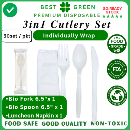 3in1 Disposable Cutlery Set Individual Wrap | Bio Spoon | Bio Fork | Luncheon Napkin | 1 Ctn