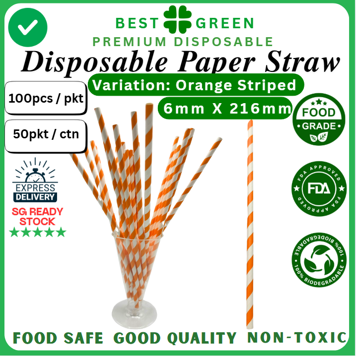 Disposable Paper Straw [Orange Striped] | [6mm X 216mm] | 1 Ctn