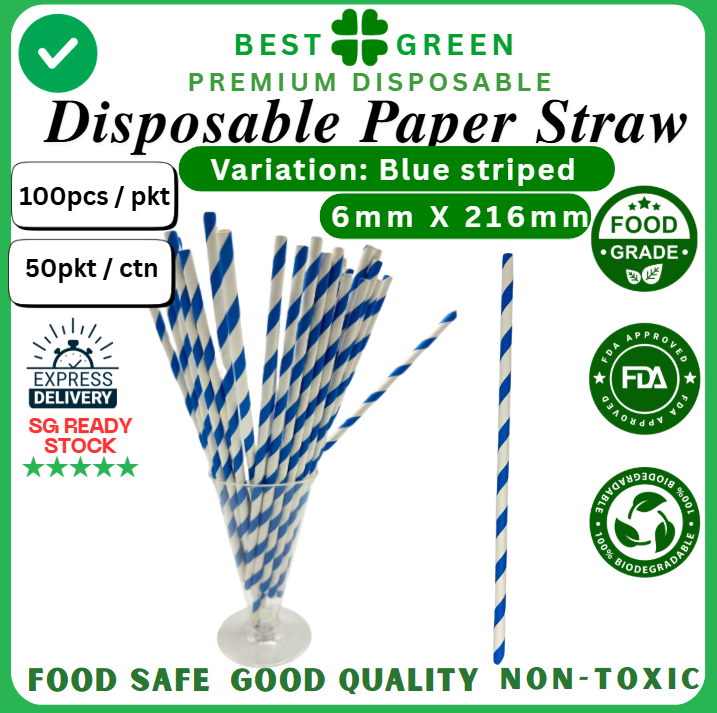 Disposable Paper Straw [Blue Striped] | [6mm X 216mm] | 1 Ctn