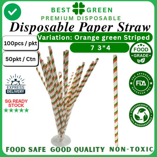 Disposable Paper Straw [Orange Green Striped] | [7.3" × 4] | 1 Ctn