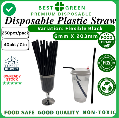 Disposable Plastic Straw [Flexible] | [Black] | [6mm X 203mm] | 1 Ctn