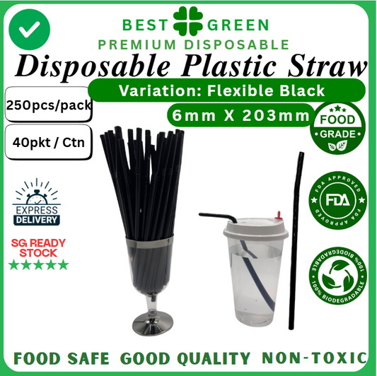 Disposable Plastic Straw [Flexible] | [Black] | [6mm X 203mm] | 1 Ctn