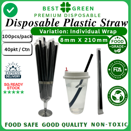Disposable Plastic Straw [Individual Wrap] | [Black] | [8mm X 210mm] | 1 Ctn