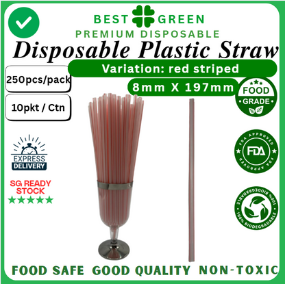 Disposable Plastic Straw [Red Striped] | [8mm X 197mm] | 1 Ctn