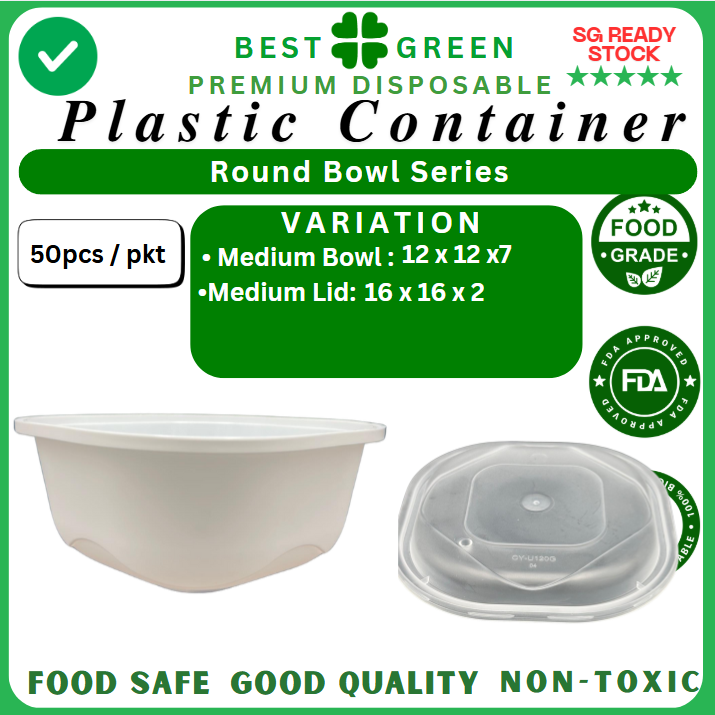 Disposable Round Plastic Container with Lid [Medium] | 1 Ctn [bowl & lid EACH]
