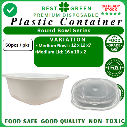 Disposable Round Plastic Container with Lid [Medium] | 1 Ctn [bowl & lid EACH]