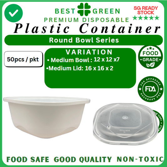 Disposable Round Plastic Container with Lid [Medium] | 1 Ctn [bowl & lid EACH]