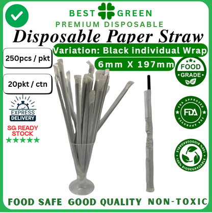 Disposable Paper Straw [Black Individual Wrap] | [6mm X 197mm] | 1 Ctn