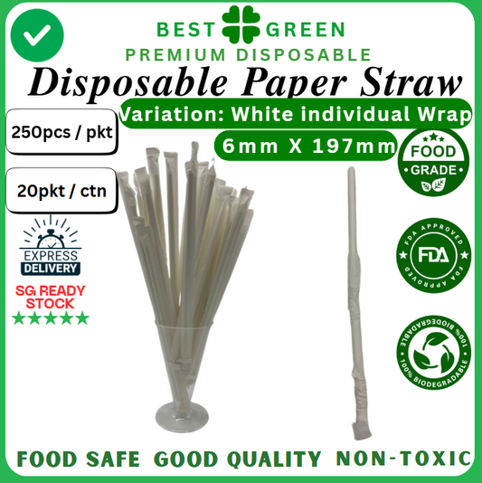 Disposable Paper Straw [White Individual Wrap] | [6mm X 197mm] | 1 Ctn