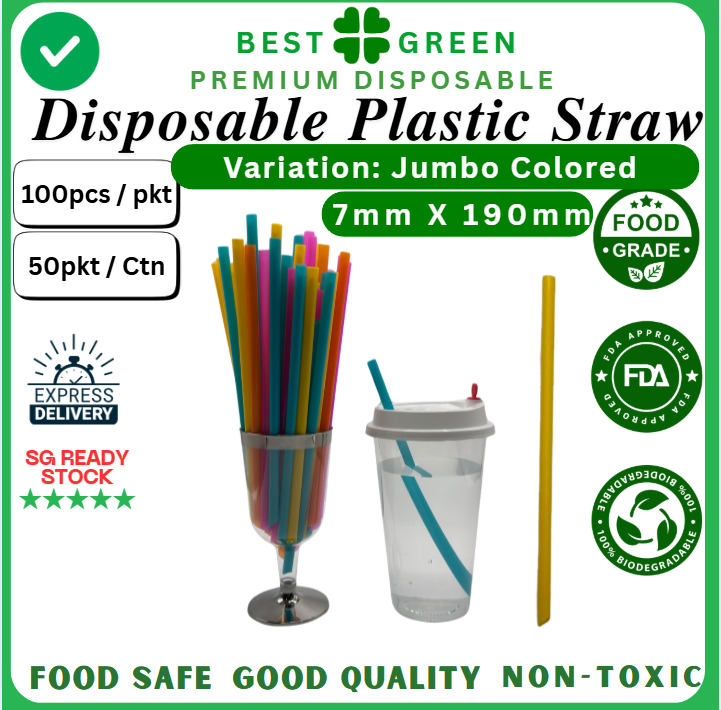 Disposable Plastic Straw Small [Jumbo] | [Multi-Color] | [7mm X 190mm] | 1 Ctn